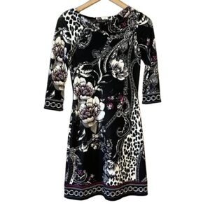 Women's XXS WHBM Black White Purple Floral Sheath Dress Stretchy 3/4 Sleeves